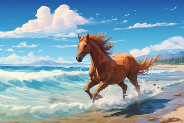 cartoon illustration, a horse is walking on the beach