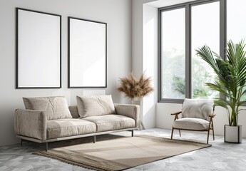 Photo of a modern living room interior with a sofa and armchair. Generate AI image