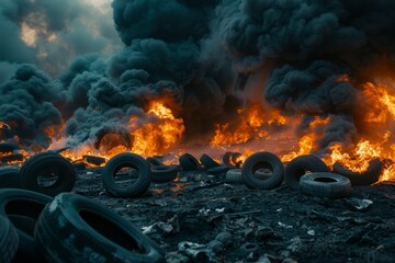 Toxic landfill full of rubber burning tires junkyard pollution waste disposal environmental disaster government regulation eco awareness threat plastic dump smoke fire damage to nature catastrophe - obrazy, fototapety, plakaty