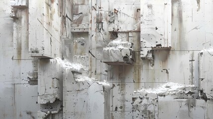 A weathered backdrop in white paint showcasing ruins aged hues fissures and gunshots