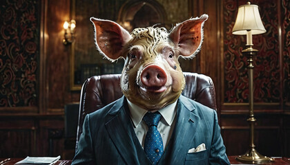 Face of pig in suit and tie sitting on a chair. King of the pigs. - obrazy, fototapety, plakaty