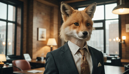 Portrait of a red fox dressed in suit