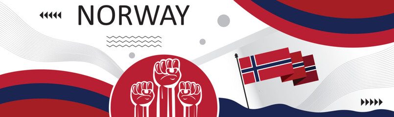Norway national day banner design. Norwegian flagcolor background,Happy holiday.creative independence day banner with raising hand. Poster, card, banner, template, for Celebrate annual..eps