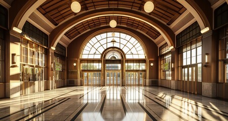 Grand Art Deco railway station with curved glass windows and brass accents