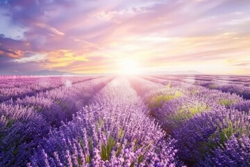 Naklejka premium A peaceful lavender field in full bloom, with rows of fragrant purple flowers swaying gently in the breeze under a pastel sunset sky, Generative AI
