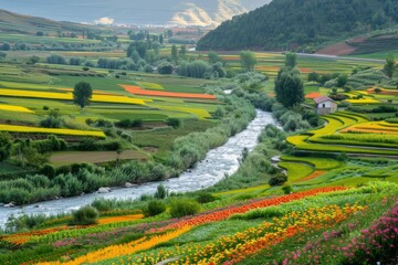 A picturesque farmstead with red barns and silos surrounded by fields of ripening crops, under a vast expanse of clear sky, Generative AI