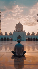 An African Islamic man prays in front of a mosque