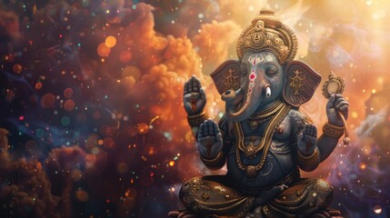 A colorful painting of a blue elephant with a gold crown and a golden necklace.