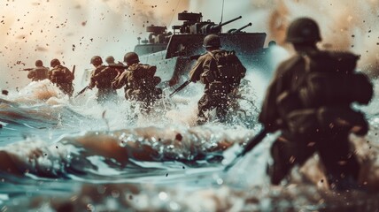 Soldiers storming beach under gunfire, historical battle reenactment - obrazy, fototapety, plakaty
