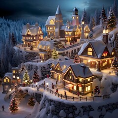 Miniature Christmas village in the snow at night, 3d render