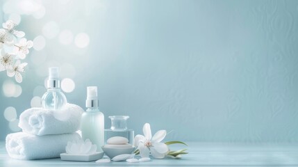 Obraz na płótnie Canvas A blue background with a white flower and a white towel. There are three bottles of lotion and two bottles of perfume on the table