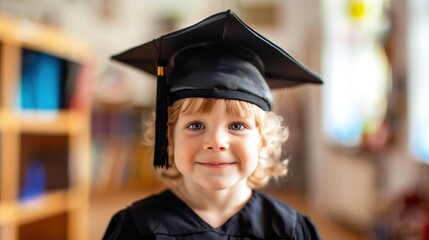 A young child wearing a black graduation cap and gown is smiling. Concept of accomplishment and pride, as the child is dressed in a graduation outfit, likely preparing for a special event