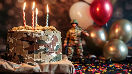 Camouflage cake with lit candles and toy soldier, balloons confetti in background