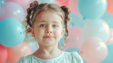 Fototapeta na wymiar Young girl with buns hairstyle smiling near colorful balloons