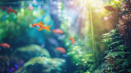 Vibrant fish swimming in lush underwater scene with sunbeams filtering through