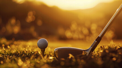 Sunset, golf clubs and balls