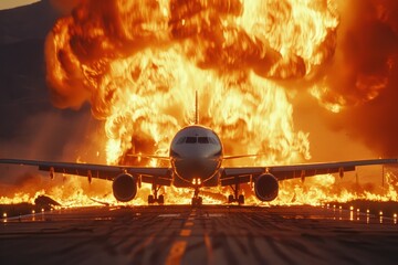 Plane crash airplane on runway catastrophe burning wrecks engine fire failure explosion fuel danger rescuing passengers commercial jet accident takeoff landing collision
