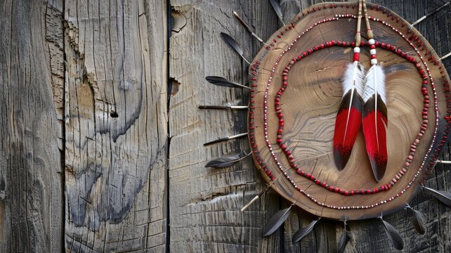 Dreamcatcher with feathers hanging on rustic wooden surface