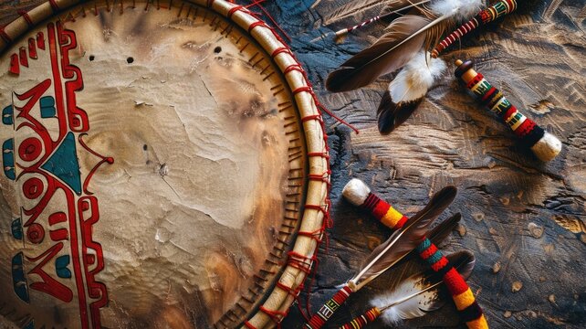 Traditional indigenous drum and flutes with feathers on wooden background