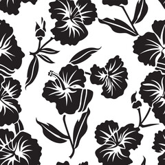 Black and White Tropical Summer Hawaiian Hibiscus Seamless Pattern