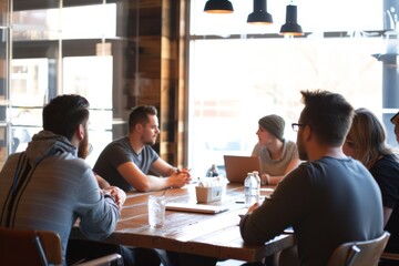 Group of young business people in a meeting at a coffee shop.