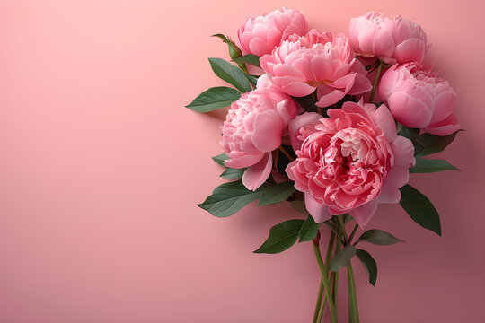 Top view photo of fresh pink peony and roses on pastel pink background with blank space, Mother's Day concept
