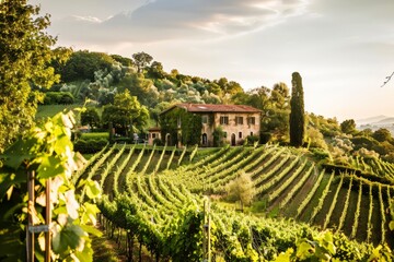 A picturesque vineyard with rows of grapevines marching up a sun-kissed slope, with a quaint stone...