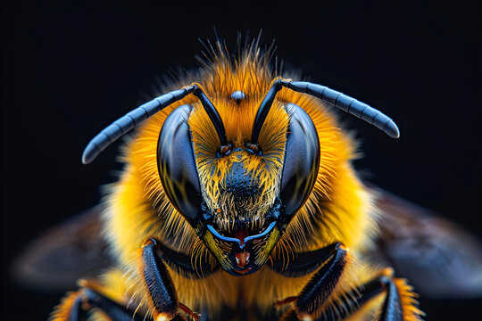Close up of a bee on a black background. Suitable for nature themes, wildlife conservation, and ecological publications.