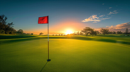 Golf Course at Sunset with Red Flag - obrazy, fototapety, plakaty