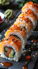 Close-up of sushi rolls with salmon on a luxury restaurant background. Succulent sushi rolls in elegant presentation under soft lighting.