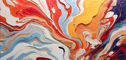 Abstract background of acrylic paint in red, blue and yellow tones.