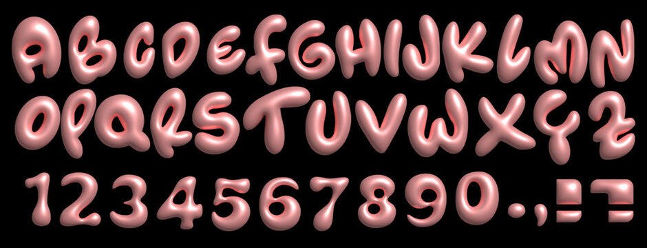 Baloon 3D pink bubble font in Y2K style. Playful design inspired by 2000s or 90s, inflated letters. Trendy English type. Realistic vector illustration