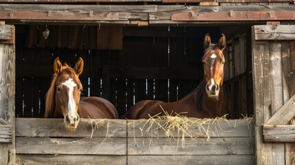 Two horses peering out from stable window, with hay in foreground
