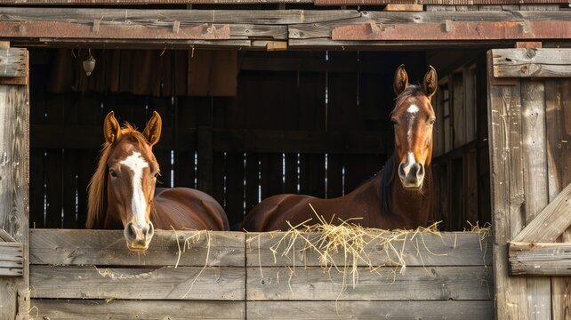 Two horses peering out from stable window, with hay in foreground - Powered by Adobe