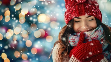 Woman in winter clothing smiling with eyes closed against festive bokeh background