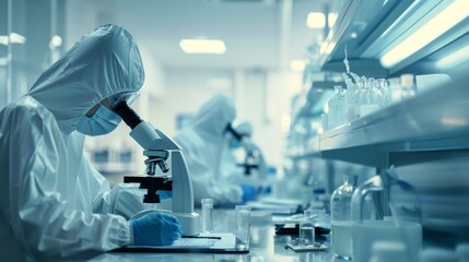 Slightly out of focus image of a research laboratory where scientists in protective gear are studying samples under a microscope with shelves and equipment blurred in the background. .