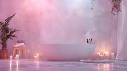 Serene bathroom setup with white bathtub, lit candles, and pink ambiance