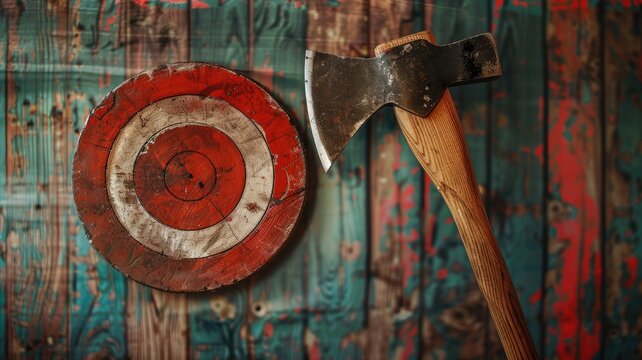 Axe embedded in target on distressed wooden wall