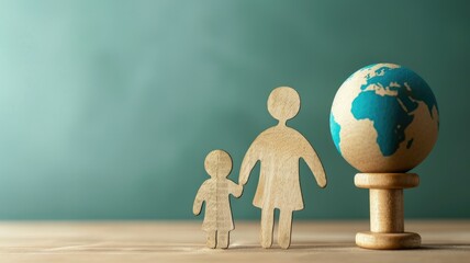 Wooden cutouts of adult and child standing beside small globe on pedestal, symbolizing global family concepts