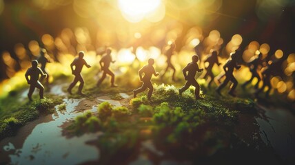 Miniature figures running on globe, artistic sunflare effect