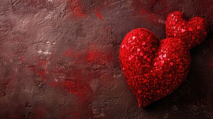 Two red sparkling hearts on textured dark background