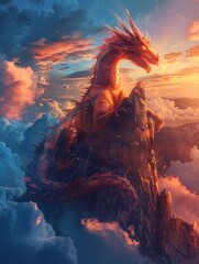 mountains with a dragon on top of it and a sky background