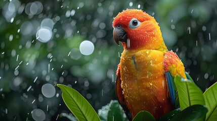 illustration of a parrot in the rain flat style