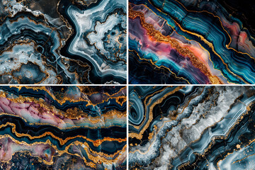 Set of abstract marble backgrounds mineral stone pattern textured with gold, dark blue and purple colors