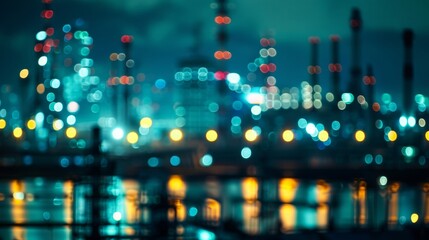 Defocused silhouettes of industrial structures softly illuminated by the glow of a bustling...