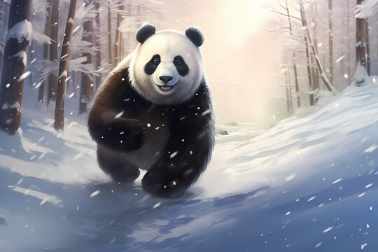 cartoon illustration, a panda is running in the snow