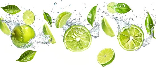 Fresh green limes and slices falling into clear water surrounded by vibrant green leaves in a refreshing and citrusy scene