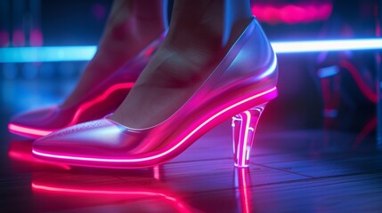 Closeup of a pair of highheeled shoes with builtin fitness tracking capabilities complete with step count heart rate monitor and calorie counter. .