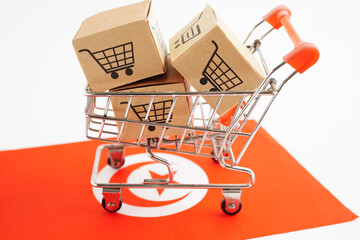 Online shopping, Shopping cart box on Tunisia flag, import export, finance commerce.