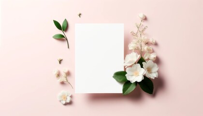 Elegant flower bordering a blank white card on a soft pink background, perfect for copy space.